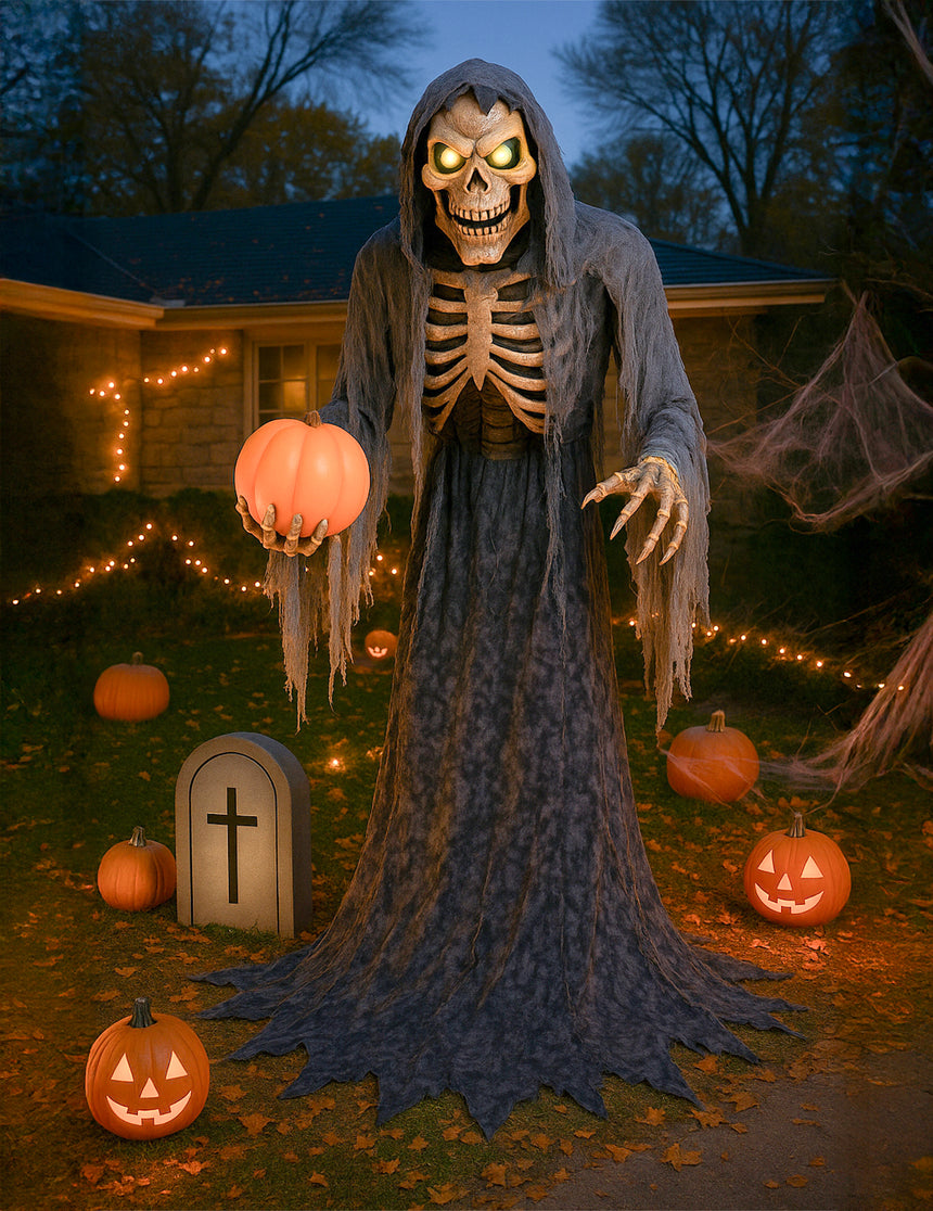 Décoration Animée Faucheur Squelette Avec Citrouille 210 cm
