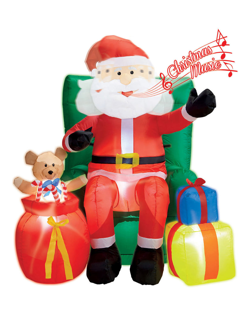 Décoration animée gonflable Père Noël assis avec cadeaux 122 cm