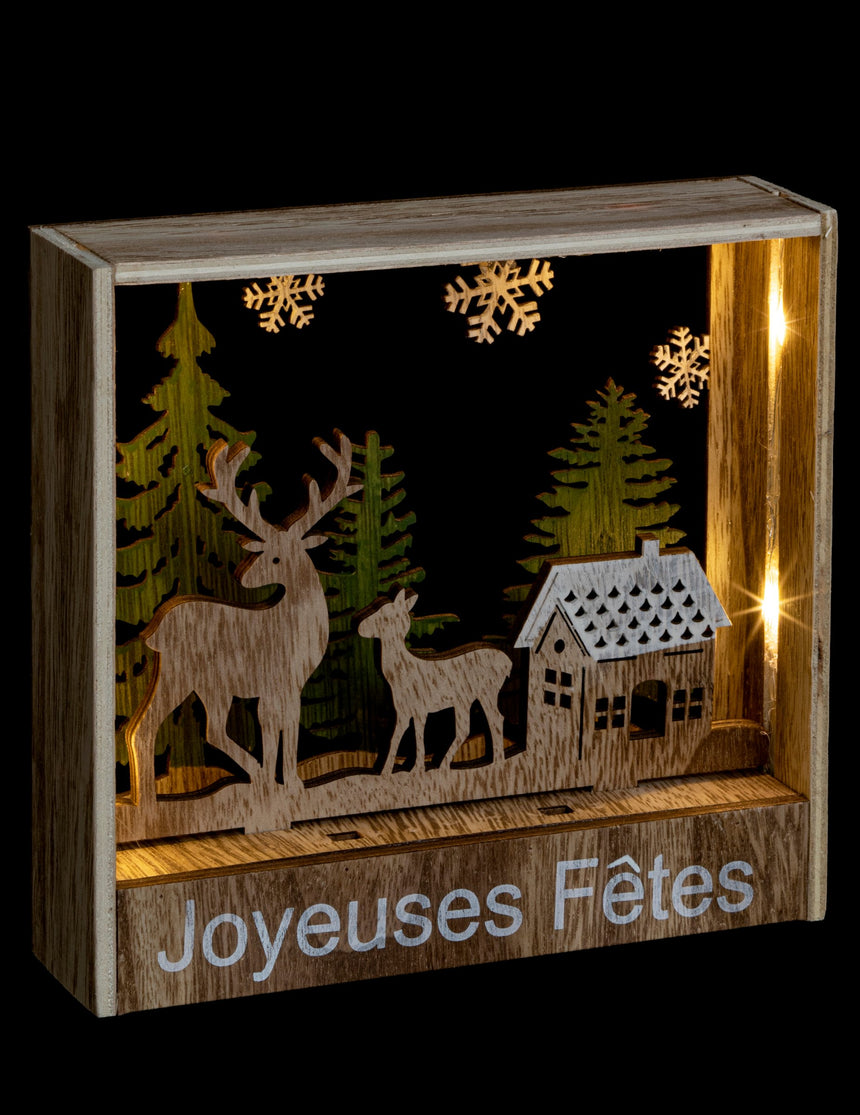 Décoration cadre lumineux à poser rennes 16 cm en bois