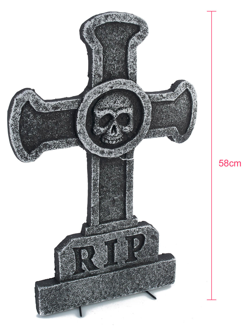Décoration pierre tombale croix avec tête de mort 39 x 58 cm
