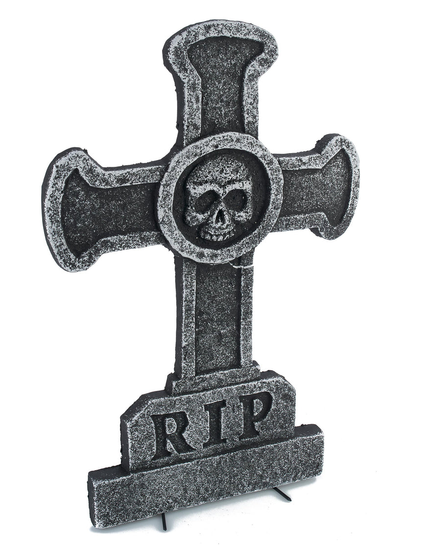 Décoration pierre tombale croix avec tête de mort 39 x 58 cm
