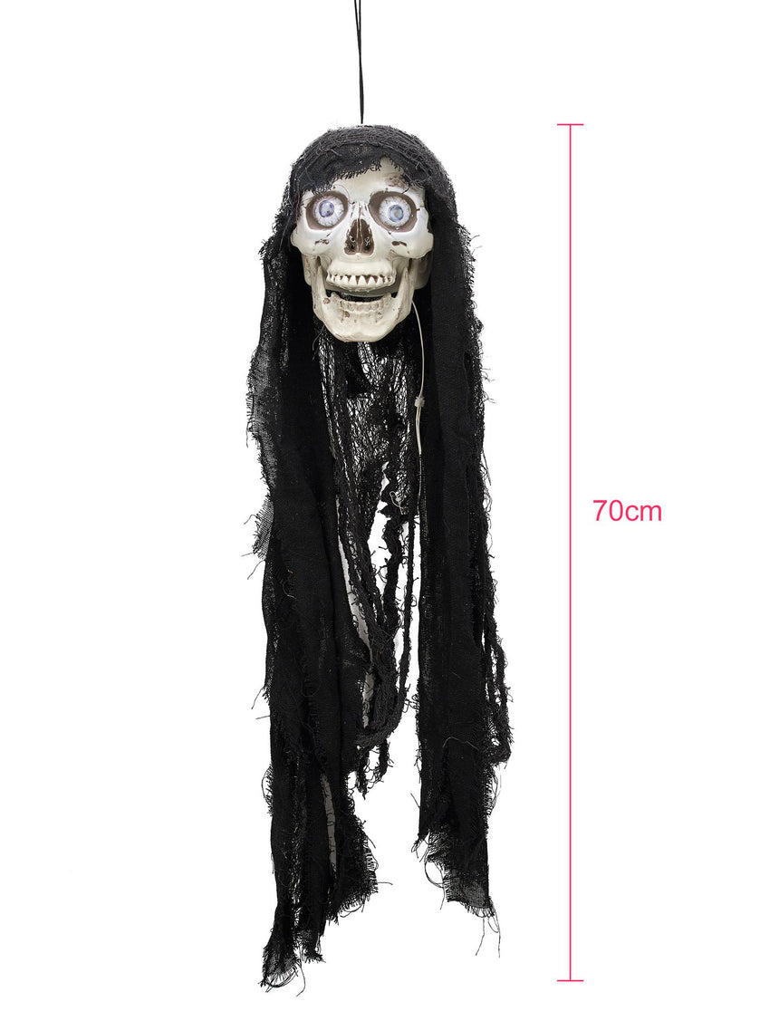 Décoration tête de mort animée lumineuse et sonore 70 cm
