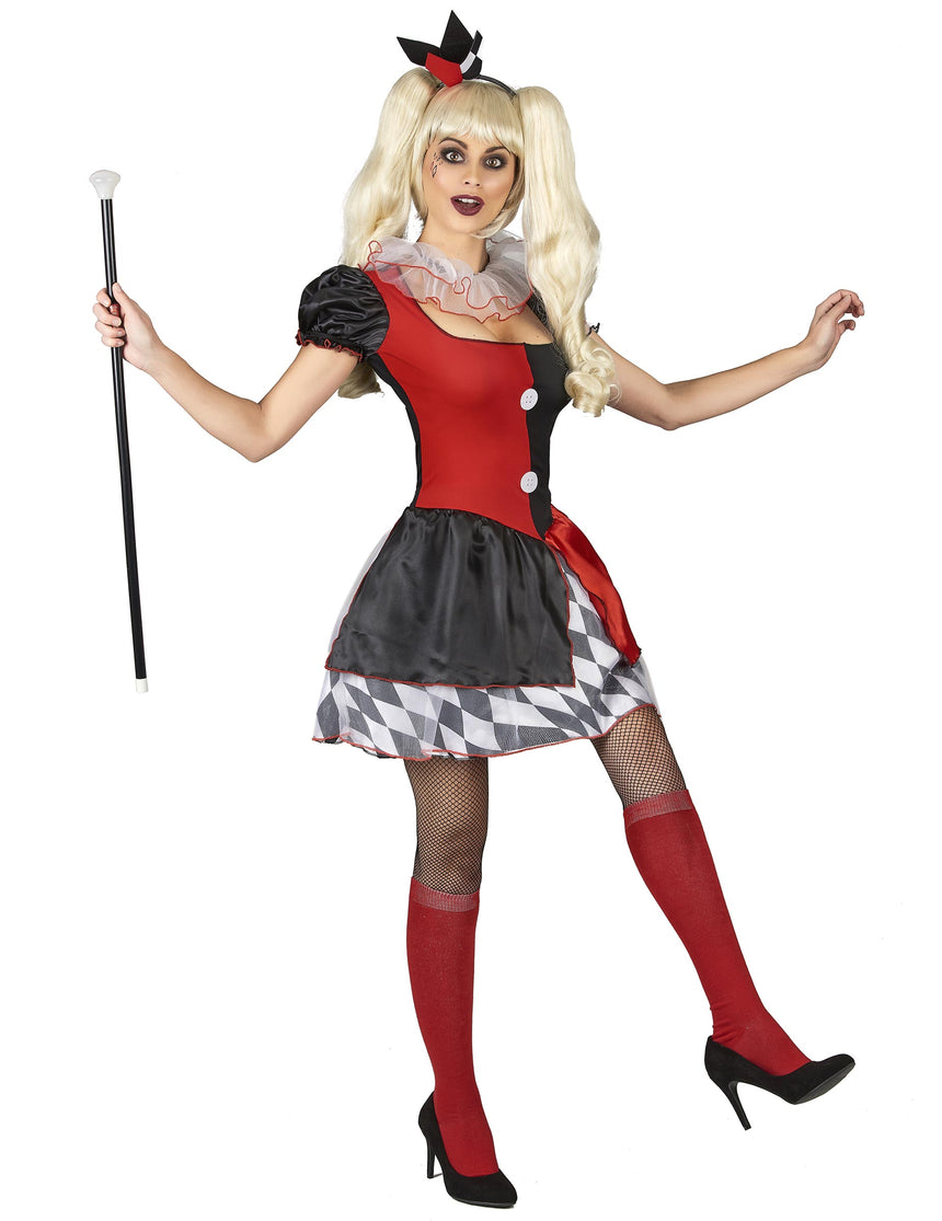 Déguisement arlequin rouge et noir femme