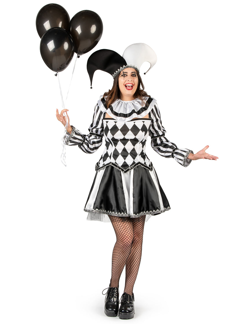 Déguisement bouffon diabolique noir et blanc luxe femme
