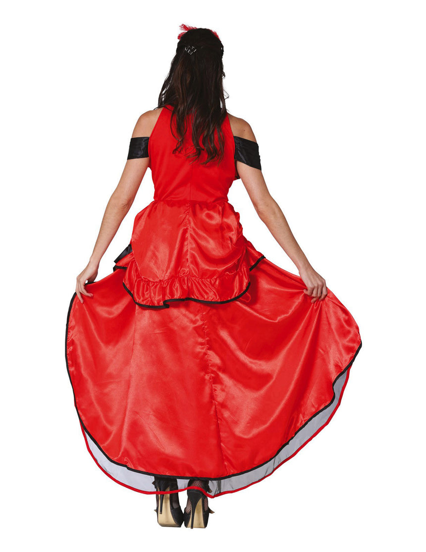 Déguisement cancan rouge avec noeuds noirs femme