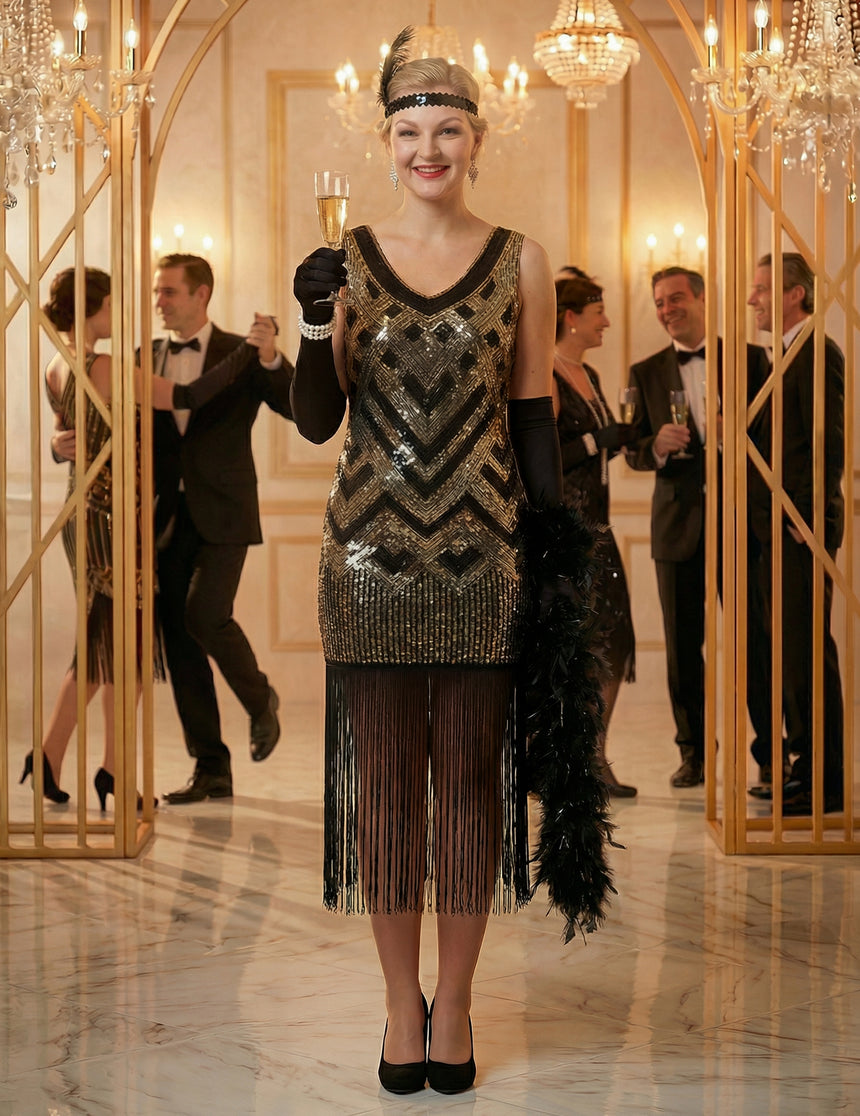 Déguisement Charleston noir et doré à sequins luxe femme