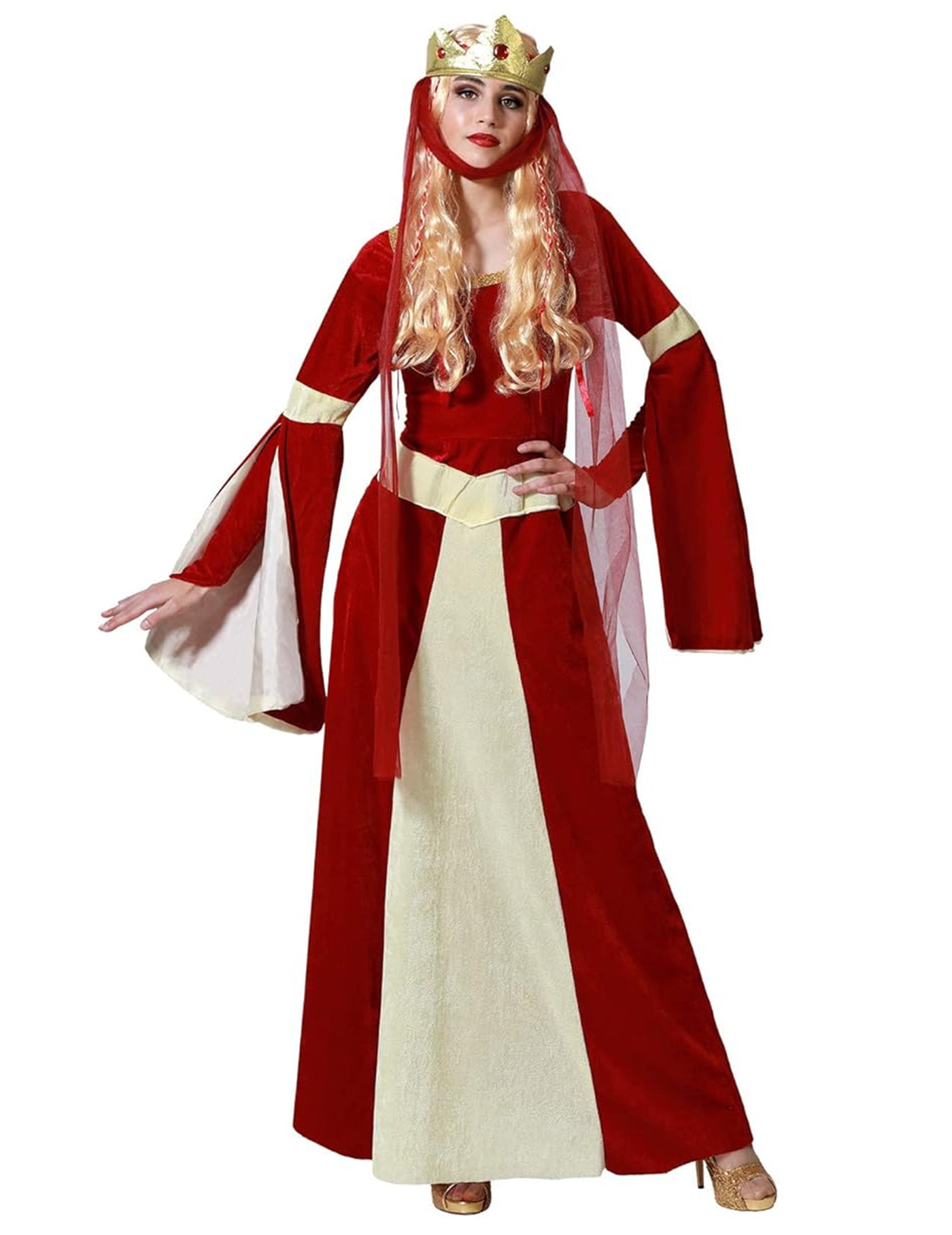 Déguisement dame médiévale rouge et or femme