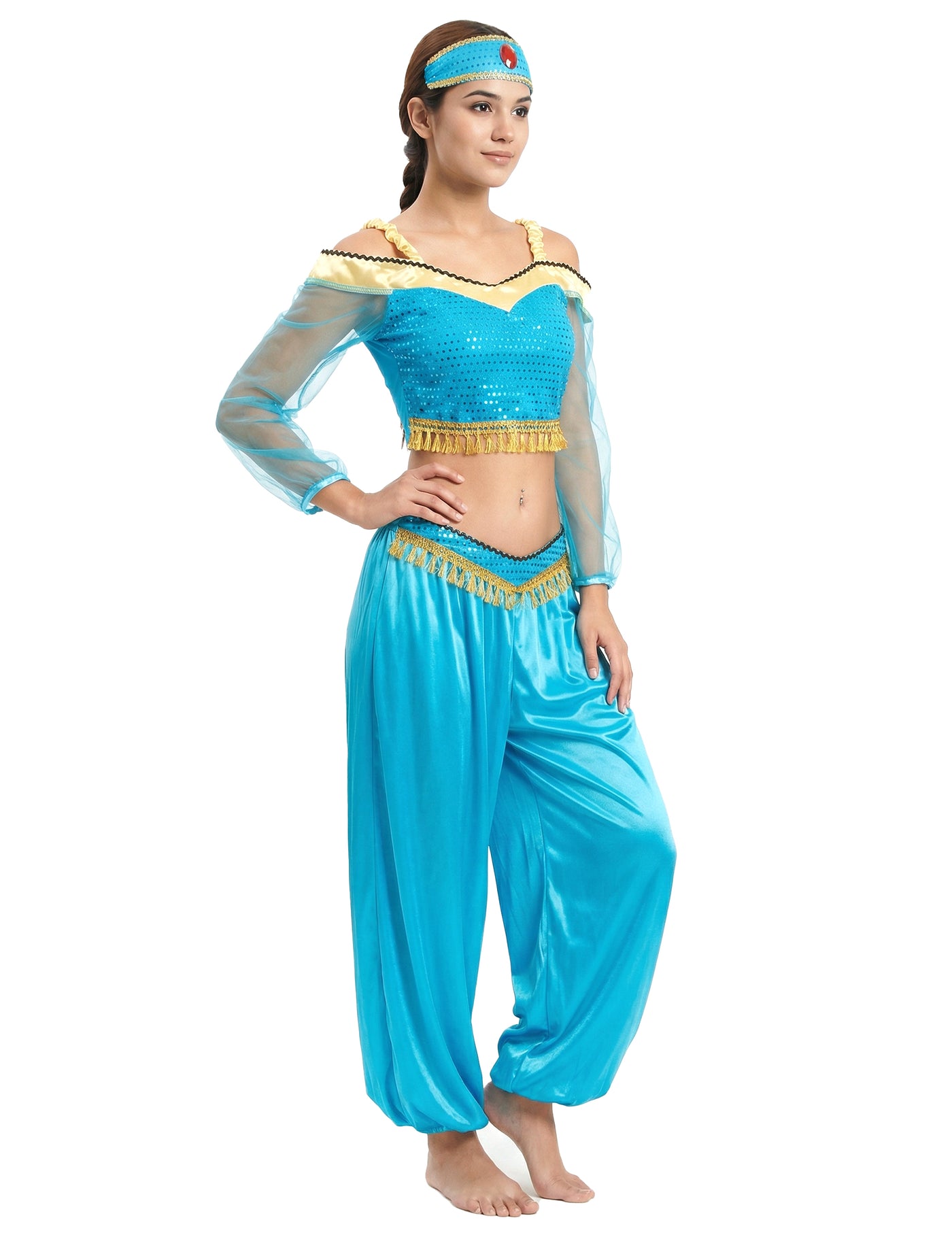 Déguisement danseuse orientale bleue et or femme