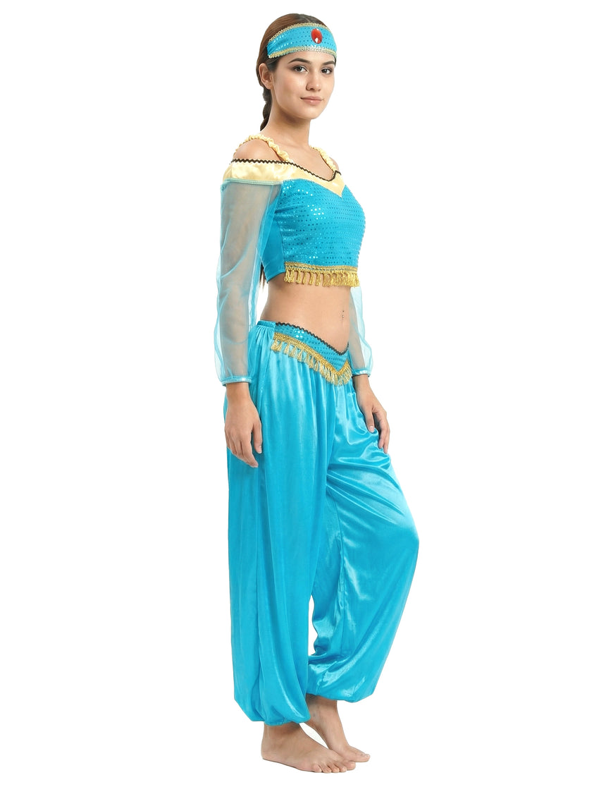 Déguisement danseuse orientale bleue et or femme