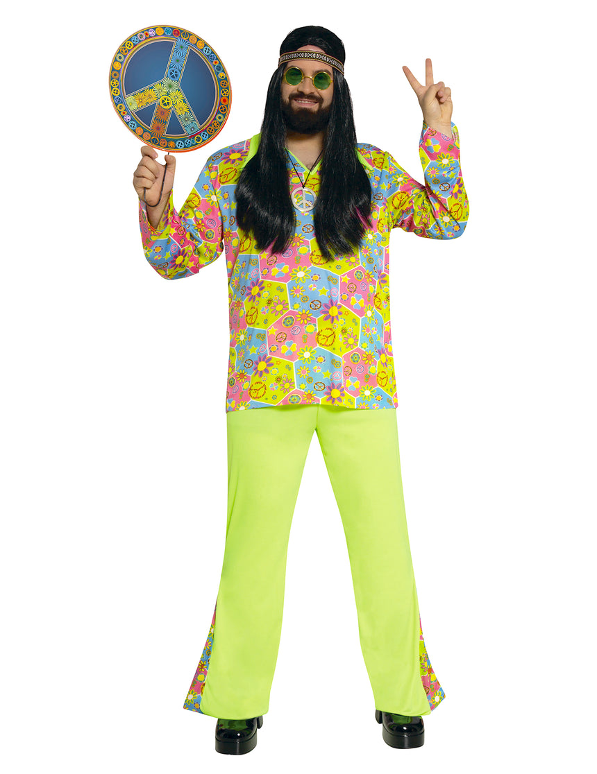 Déguisement hippie vert avec symboles colorés homme