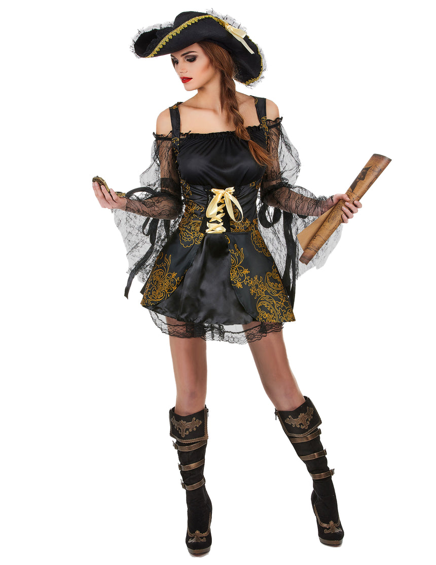 Déguisement pirate noir et doré femme