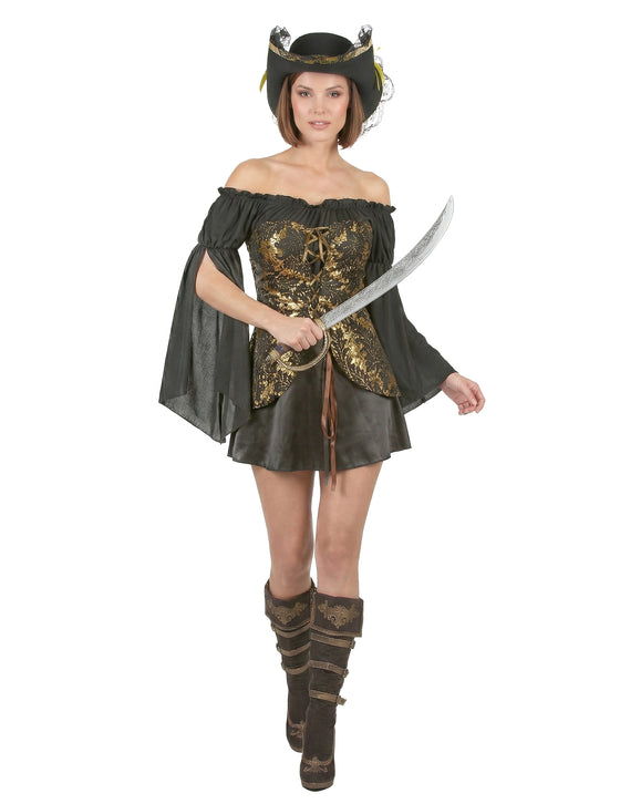Déguisement Pirate noir et doré femme