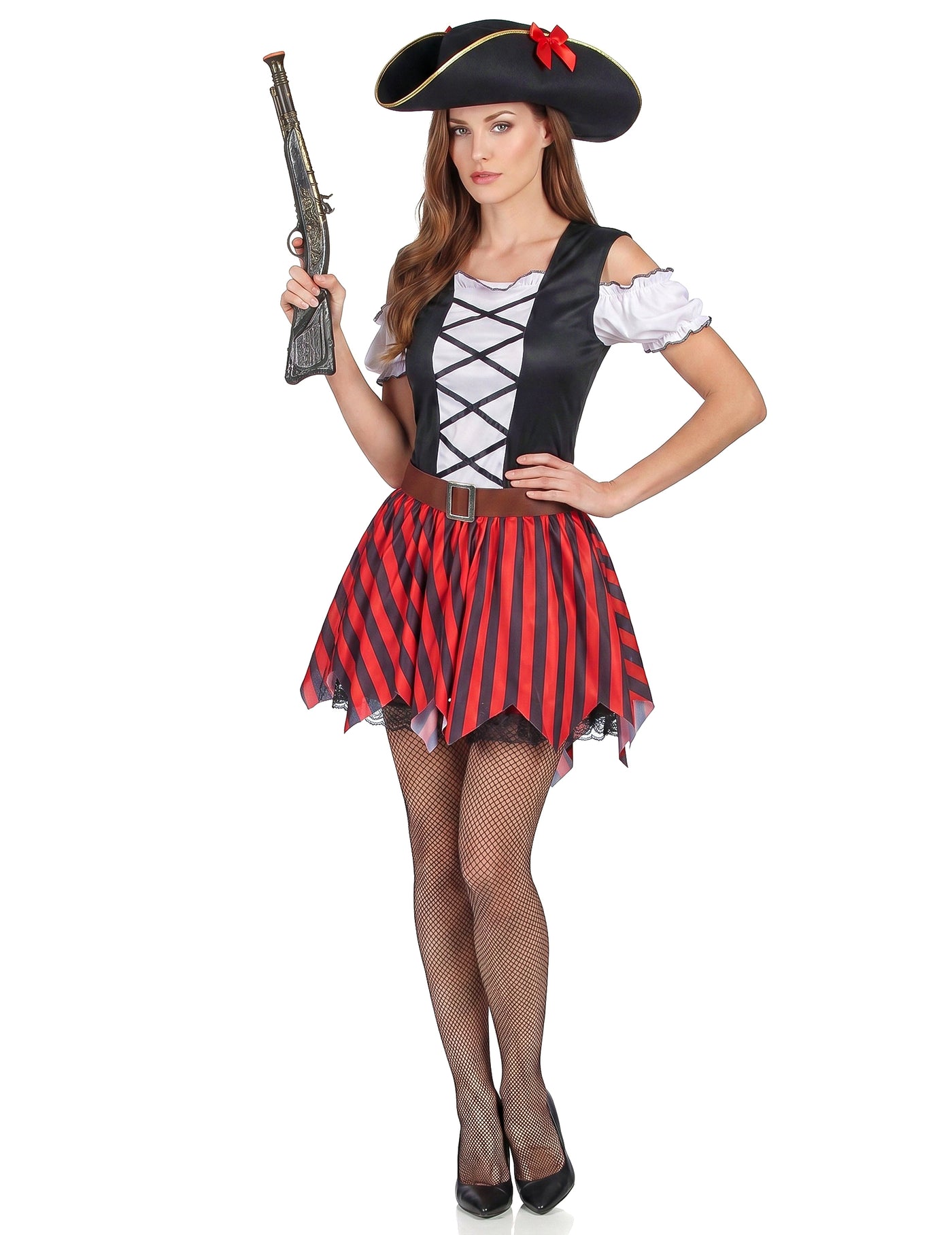 Déguisement pirate à rayures rouges et noires femme