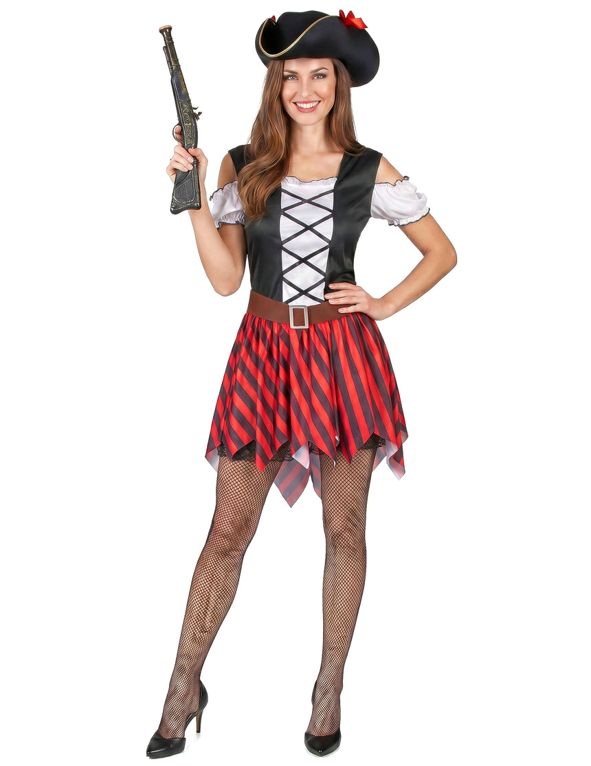 Déguisement pirate à rayures rouges et noires femme