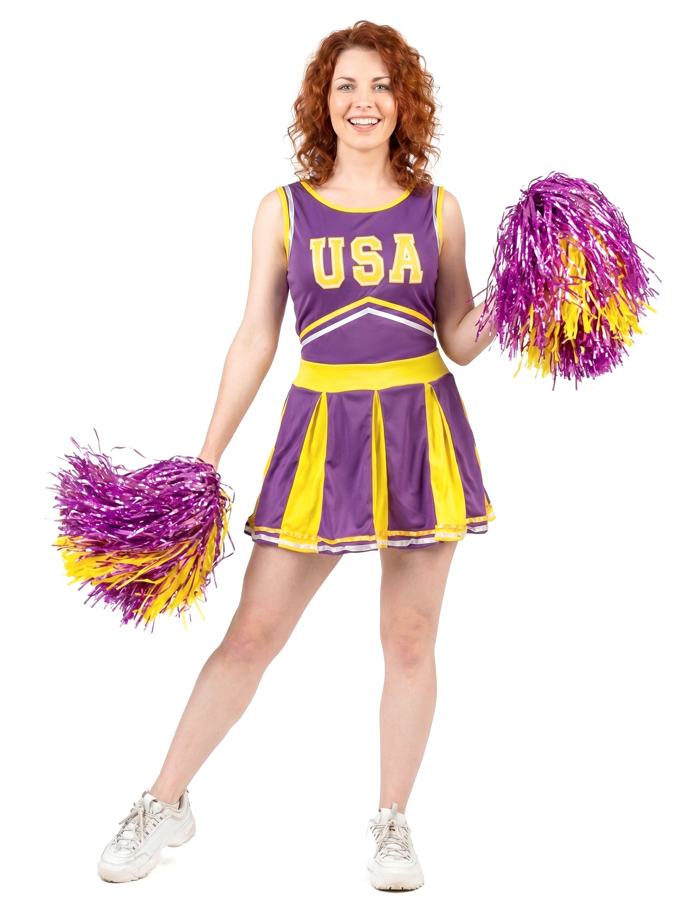 Déguisement pompom girl USA violet et jaune femme