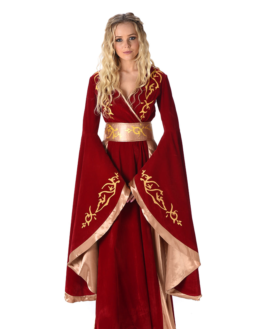 Déguisement reine médiévale rouge et or femme