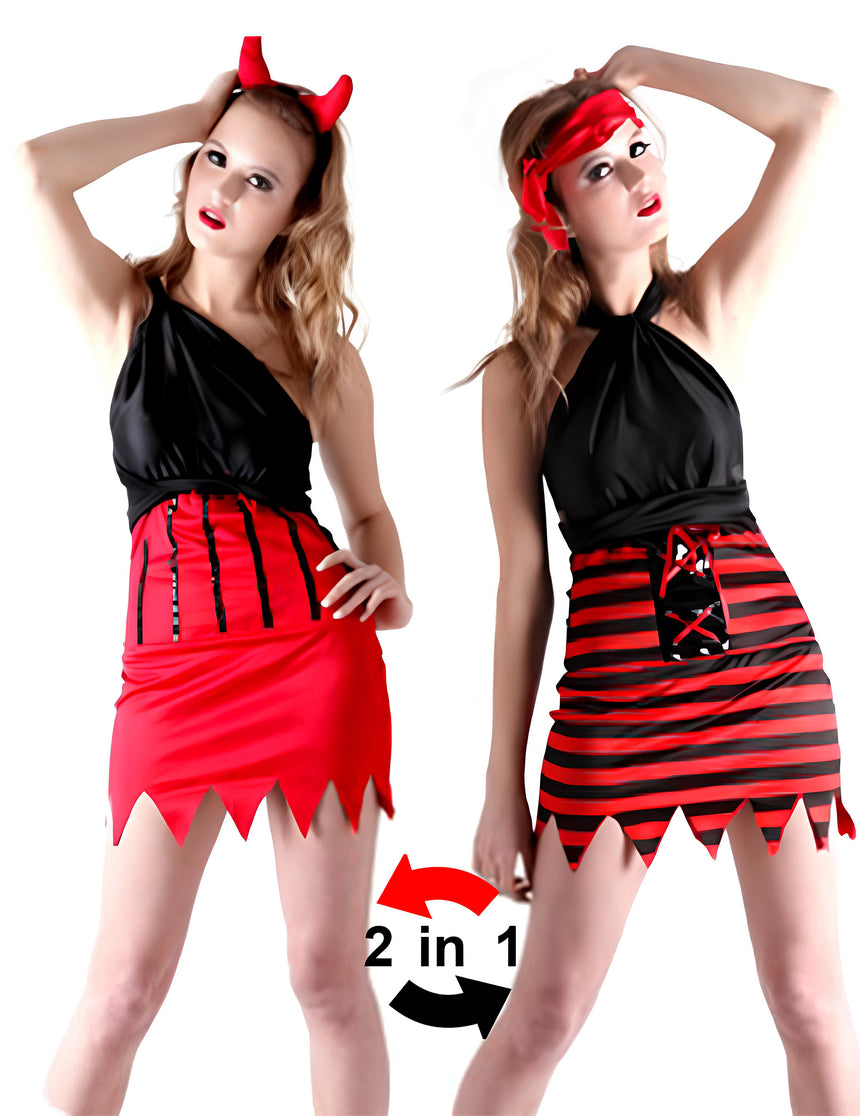 Déguisement reversible pirate et démon femme