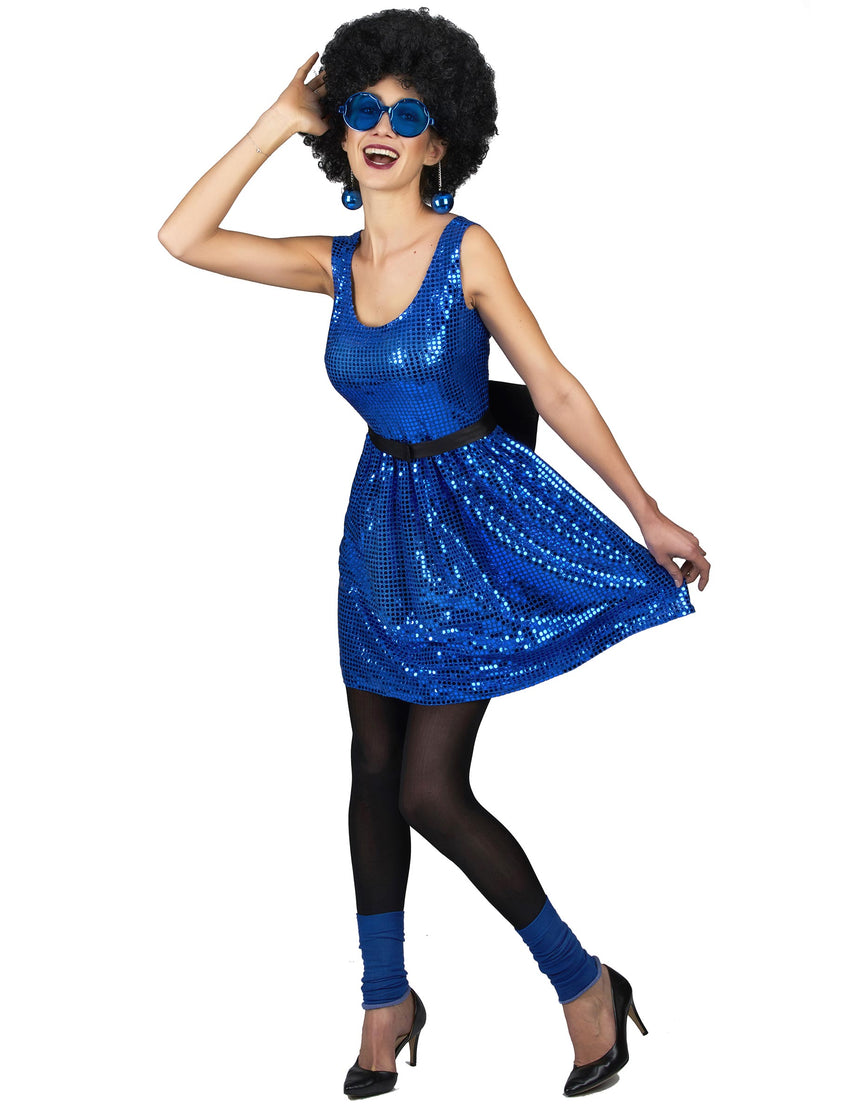 Déguisement robe disco bleue paillette avec gros noeud femme