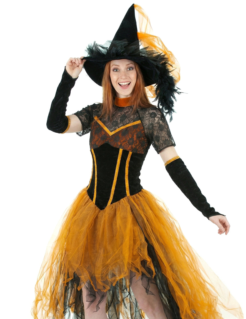 Déguisement sorcière dentellée orange femme Halloween