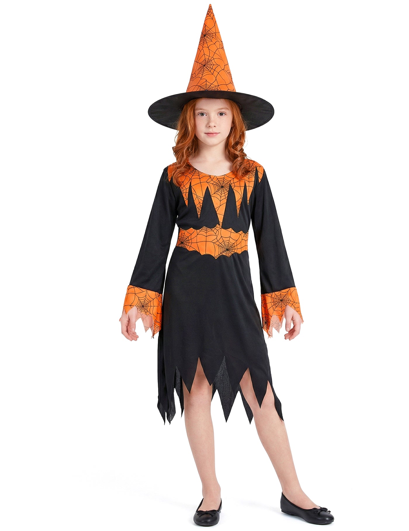 Déguisement sorcière orange et noire fille