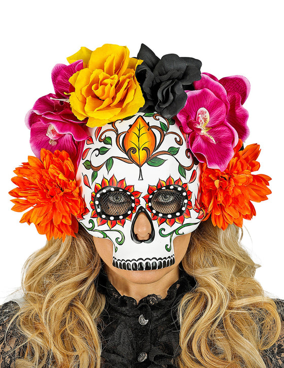 Demi masque crâne avec fleurs colorées adulte