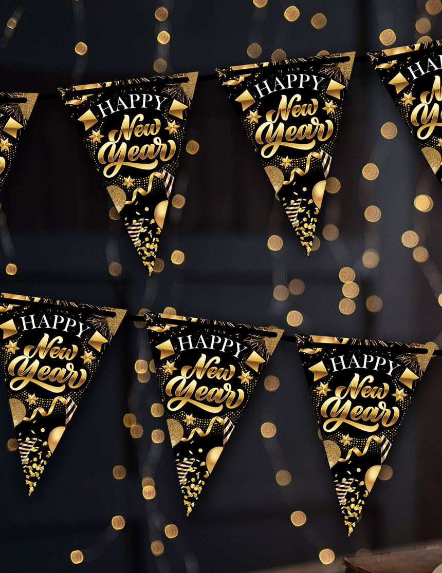 Guirlande à fanions en carton Happy New Year noir et or 3m