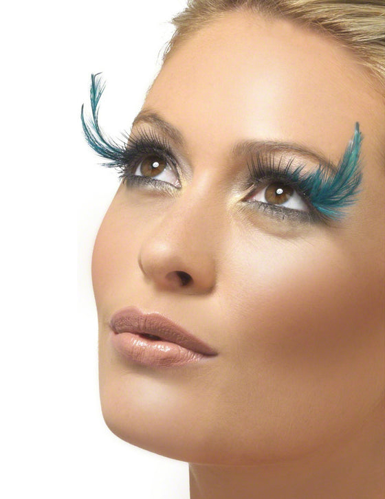 Faux cils noirs avec grandes plumes bleues adulte