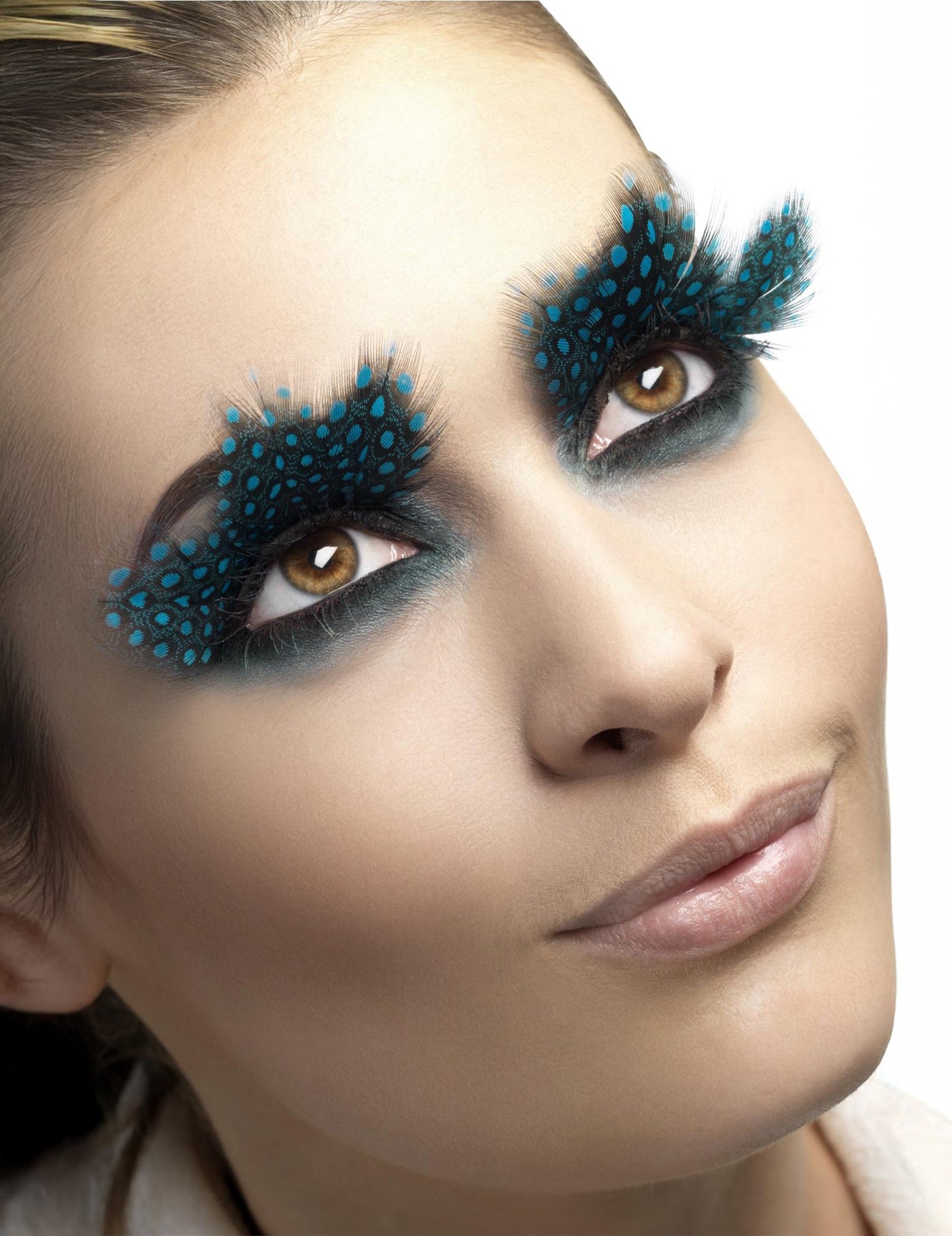 Faux cils plumes noires à pois bleus adulte