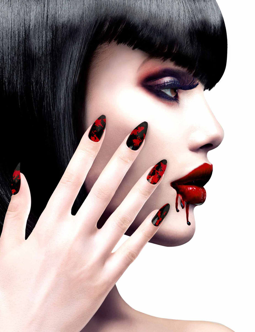 Faux ongles adhésifs noirs ensanglantés femme Halloween