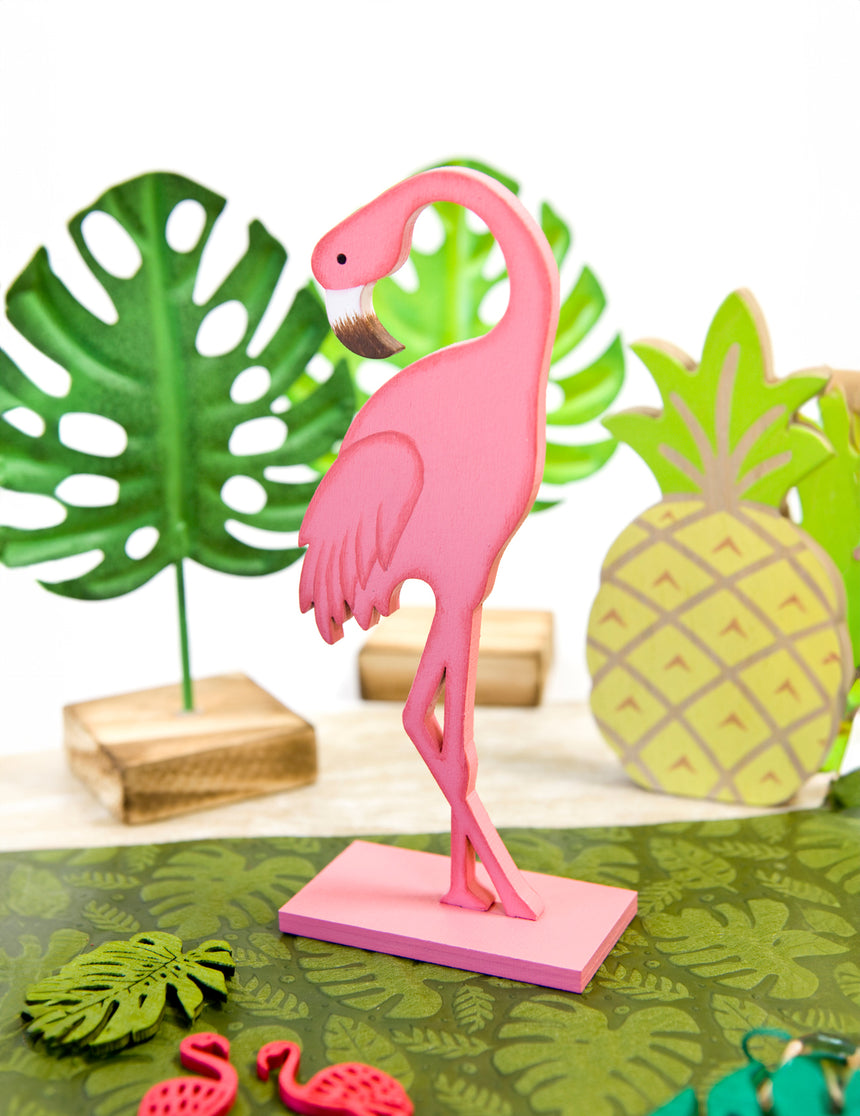 Flamant rose en bois sur socle rose 15 cm