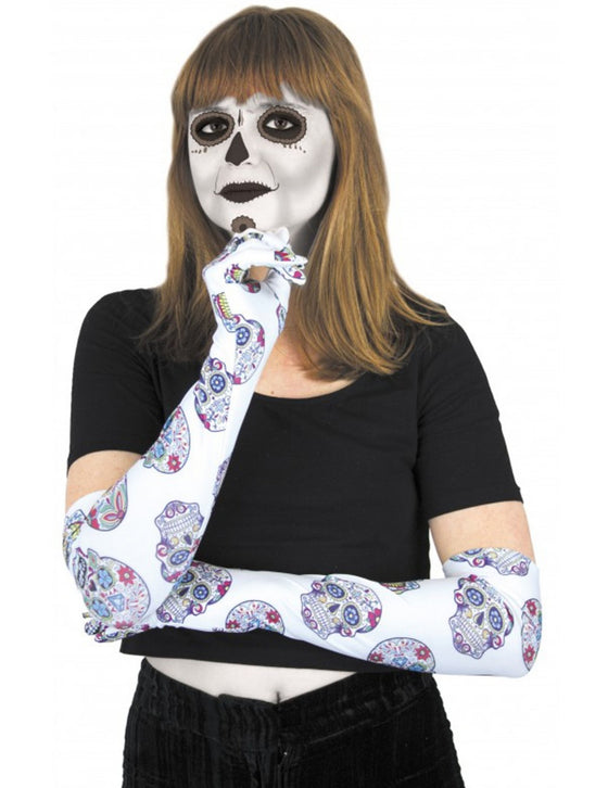 Gants longs blancs avec squelette colorés Dia de los muertos