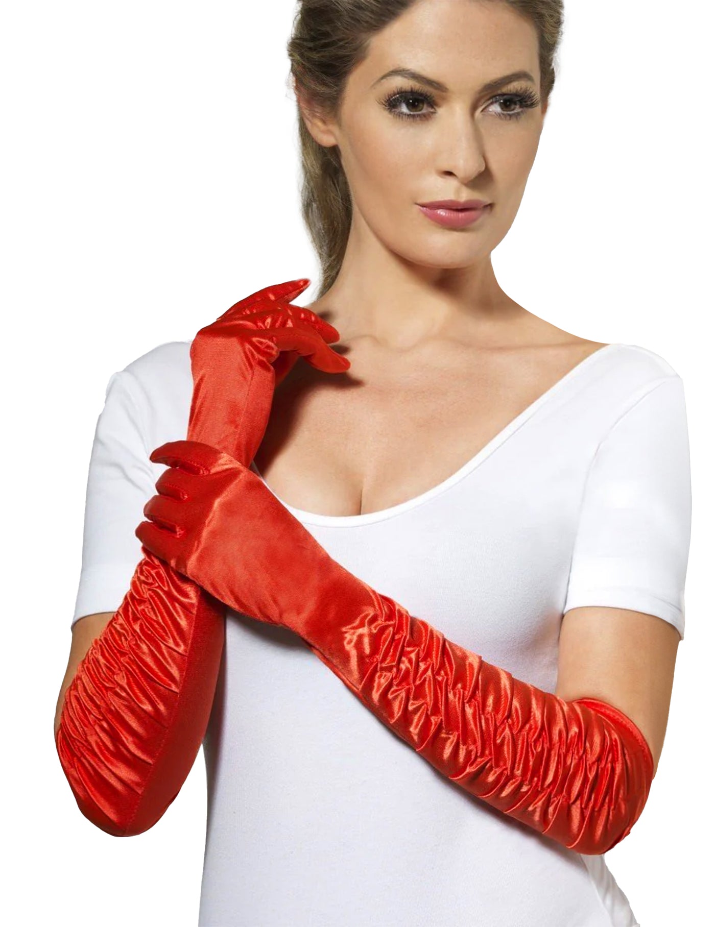 Gants mi-longs satinés rouges avec plis femme