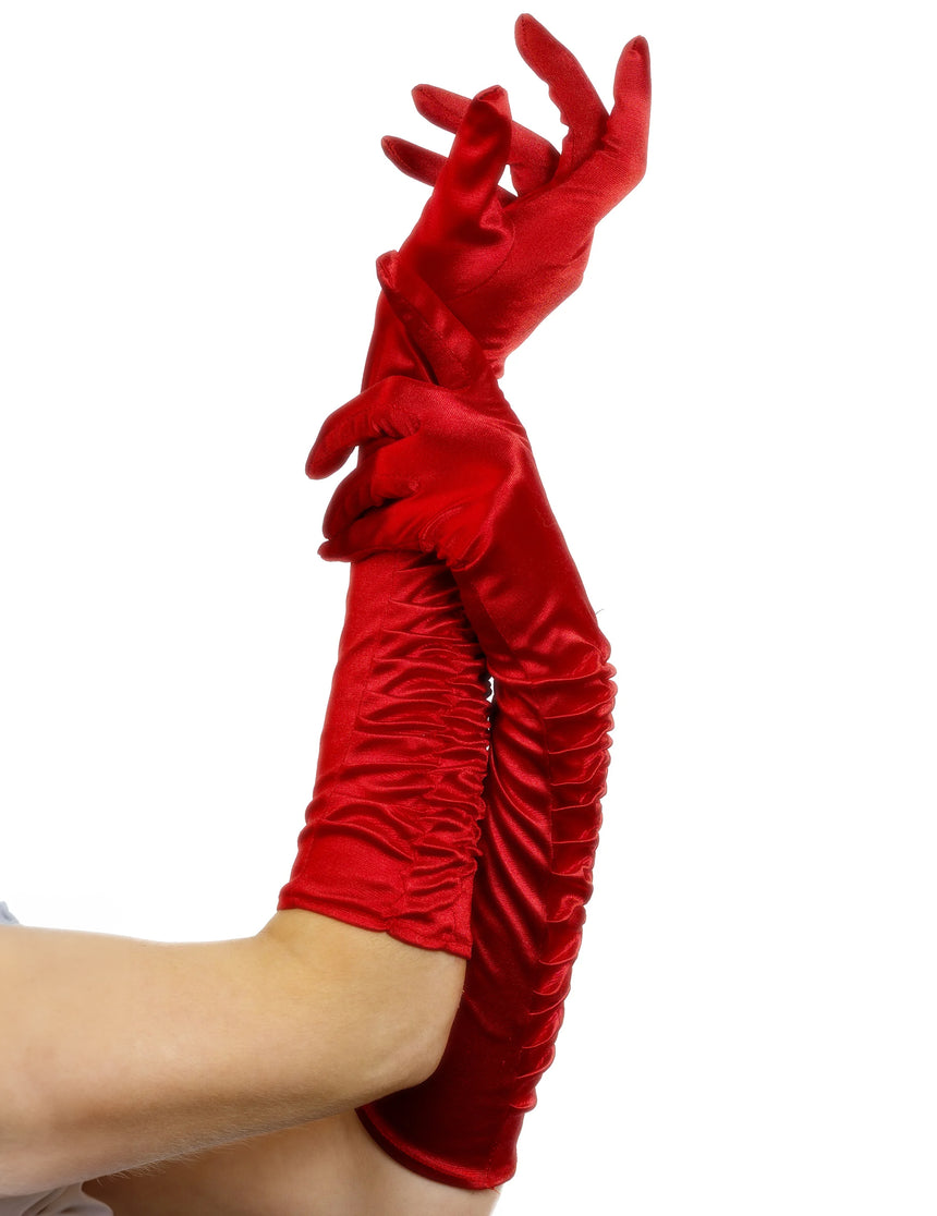 Gants mi-longs satinés rouges avec plis femme