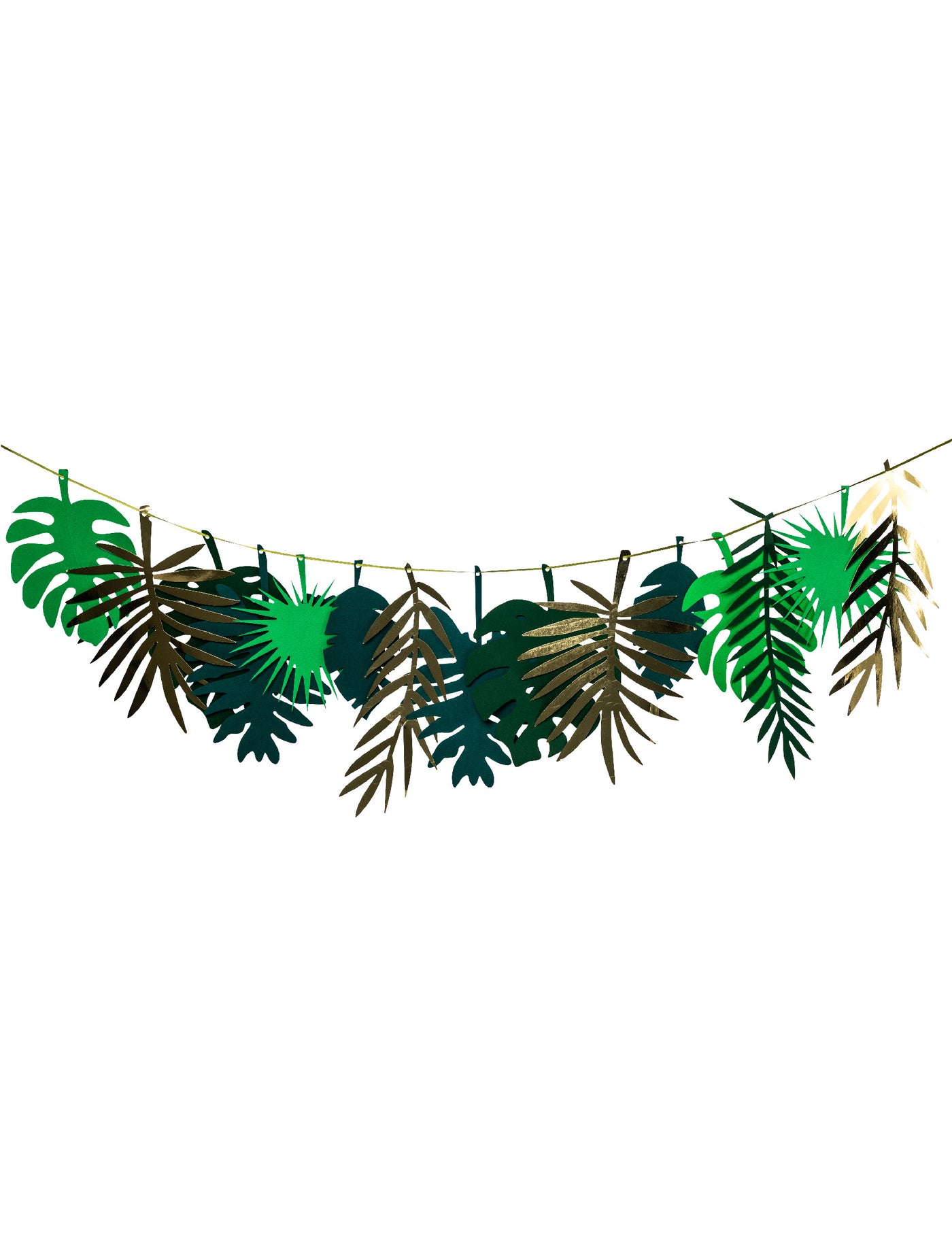 Guirlande en carton feuilles tropicales dorées et dégradé de vert 2 m