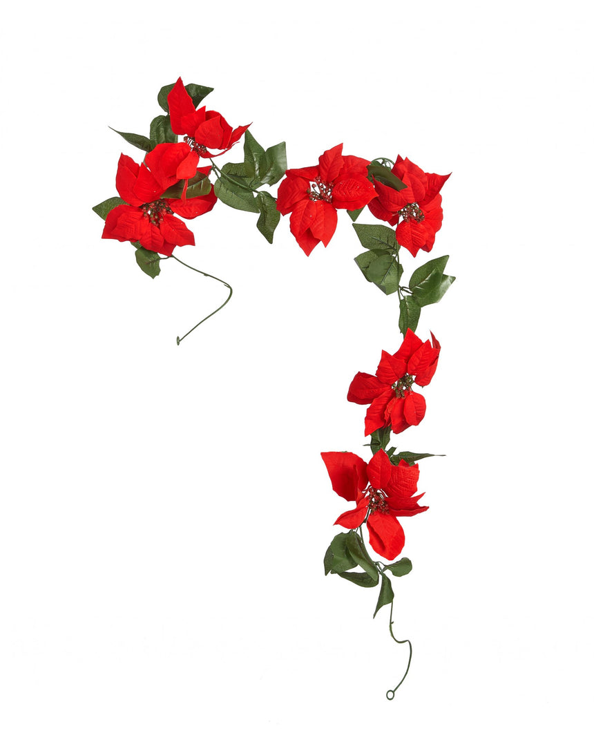 Guirlande fleurs de poinsettias rouges et feuilles 200 cm
