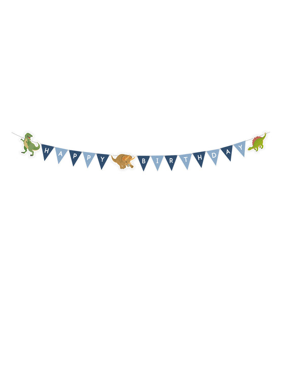 Guirlande happy birthday grands dinosaures bleue 180 cm à fanions