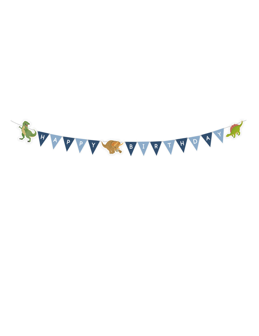 Guirlande happy birthday grands dinosaures bleue 180 cm à fanions
