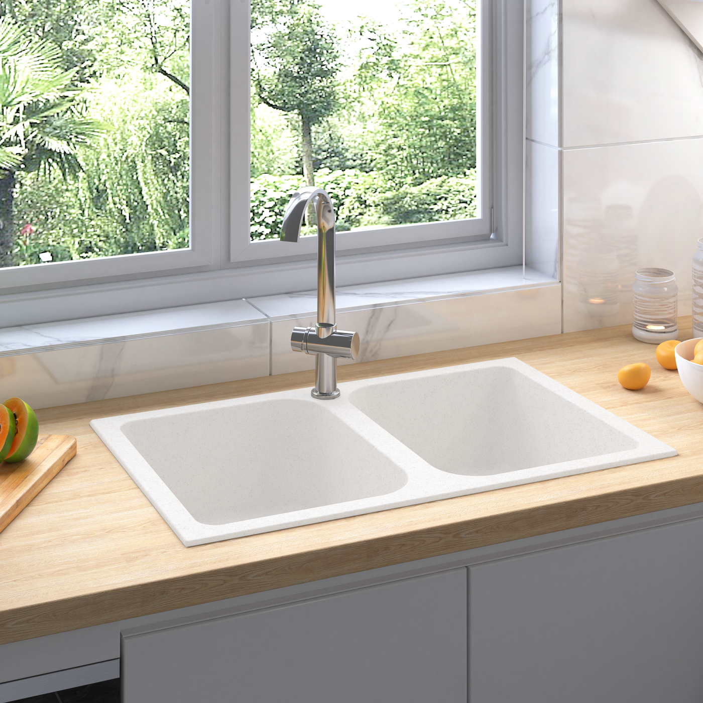 vidaXL Évier de cuisine Blanc 76 x 48 x 30 cm Quartz et résine