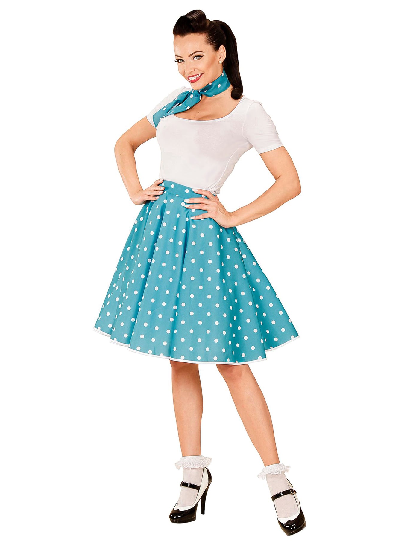 Jupe et foulard turquoise à pois années 50 femme
