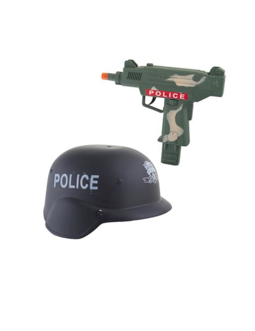 Kit casque et mitraillette vert camouflage en plastique