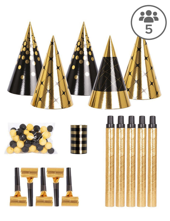 Kit cotillons noir et doré 5 personnes