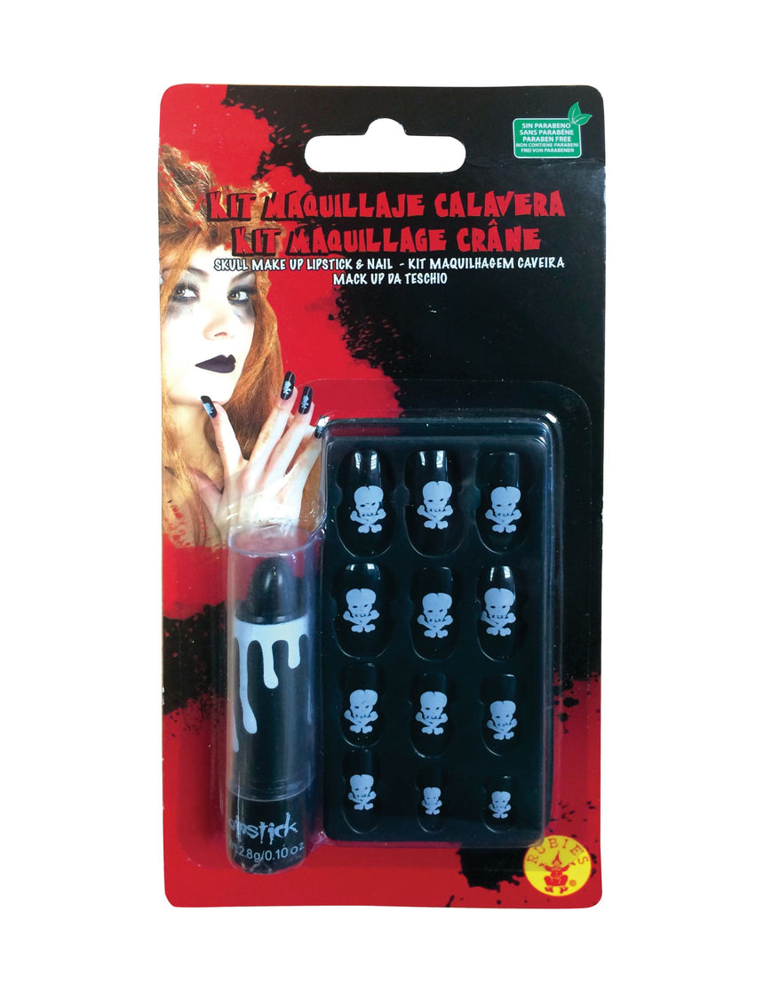Kit rouge à lèvre et faux ongles tête de mort adulte