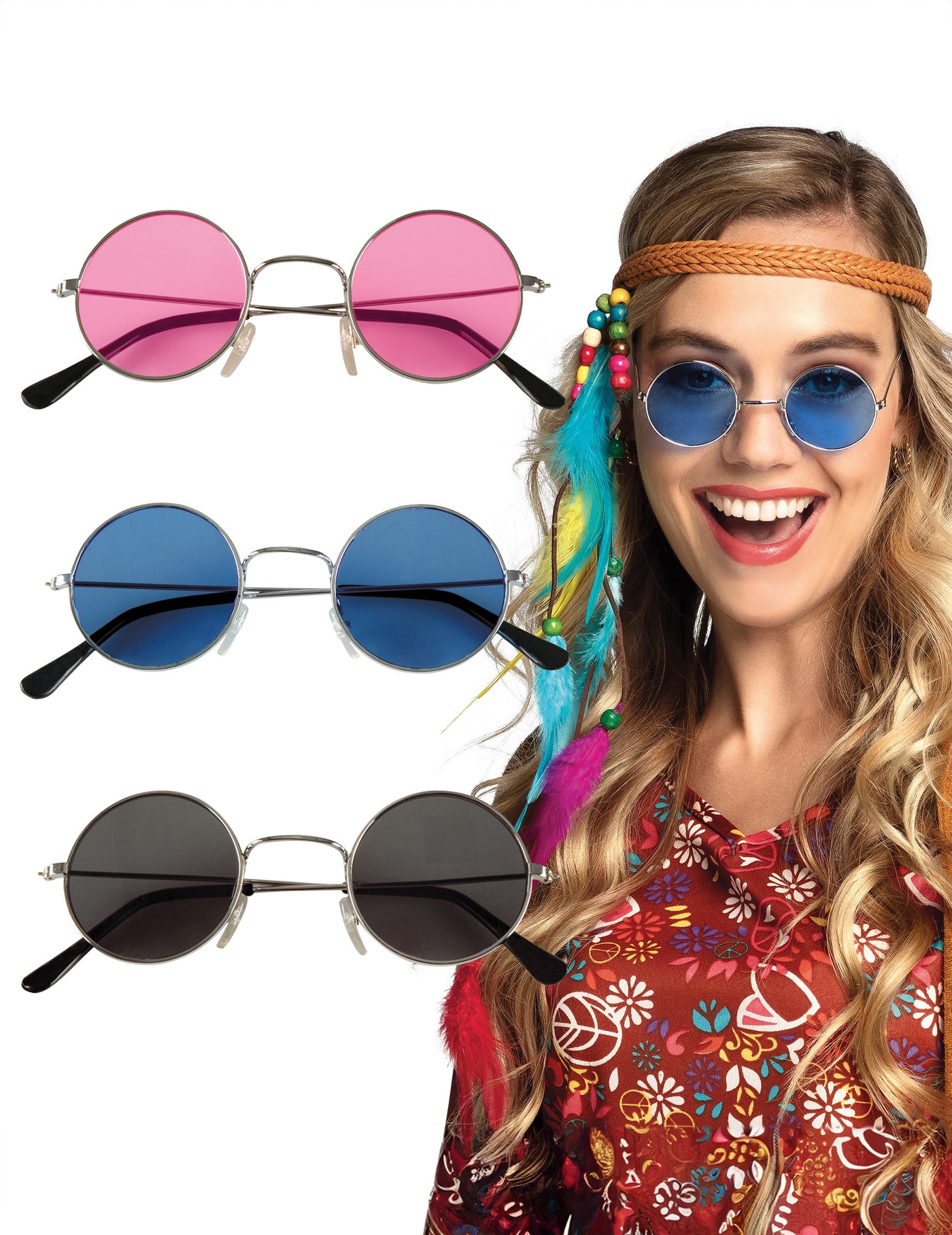 Lot de 3 lunettes rondes hippies adulte
