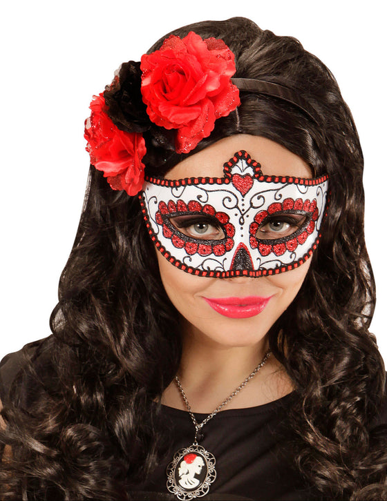 Loup coloré rouge pailletté adulte Dia de los muertos