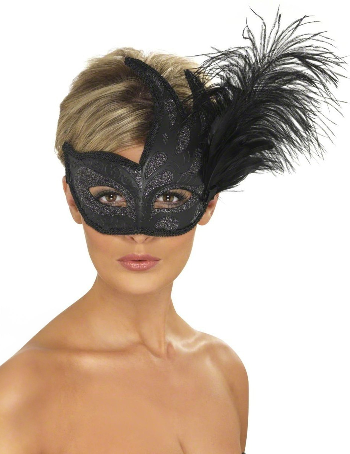 Loup noir avec paillettes argentées et plumes adulte
