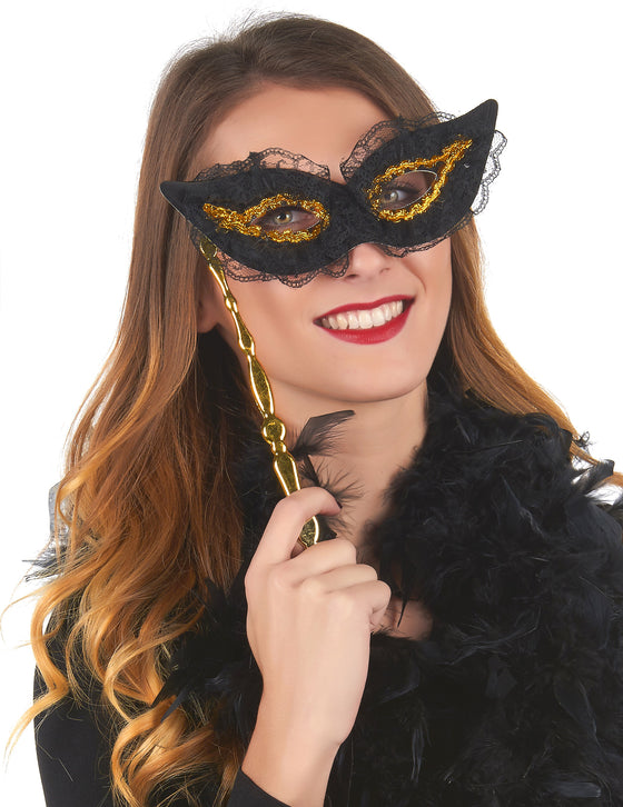 Loup noir et or avec dentelle sur tige adulte