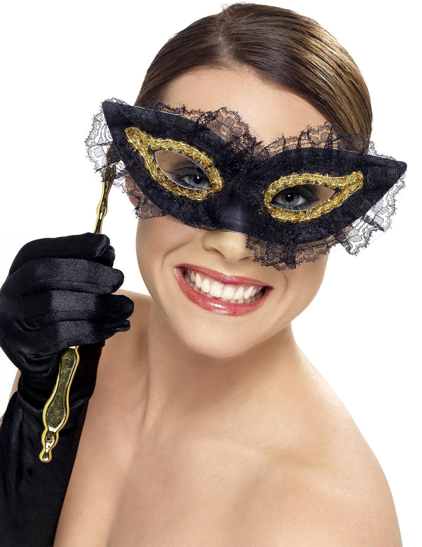Loup noir et or avec dentelle sur tige adulte