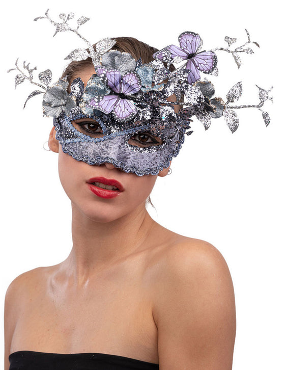 Masque argent et lilas avec papillon et branchage femme