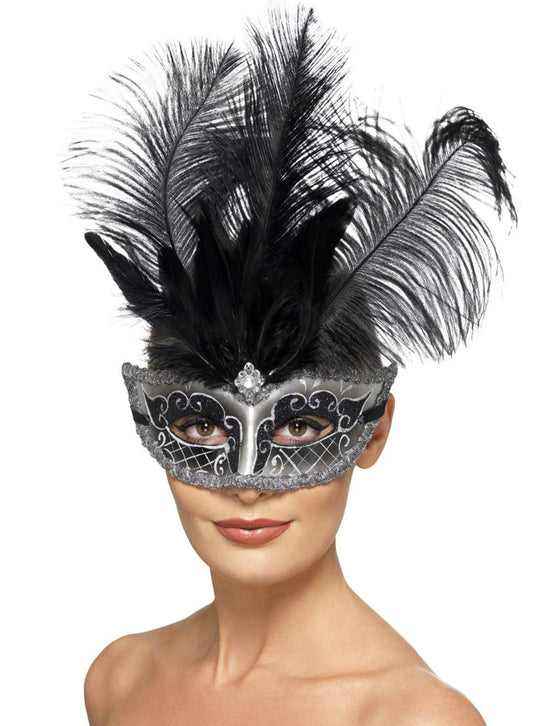 Masque Colombine vénitien gris avec plumes adulte