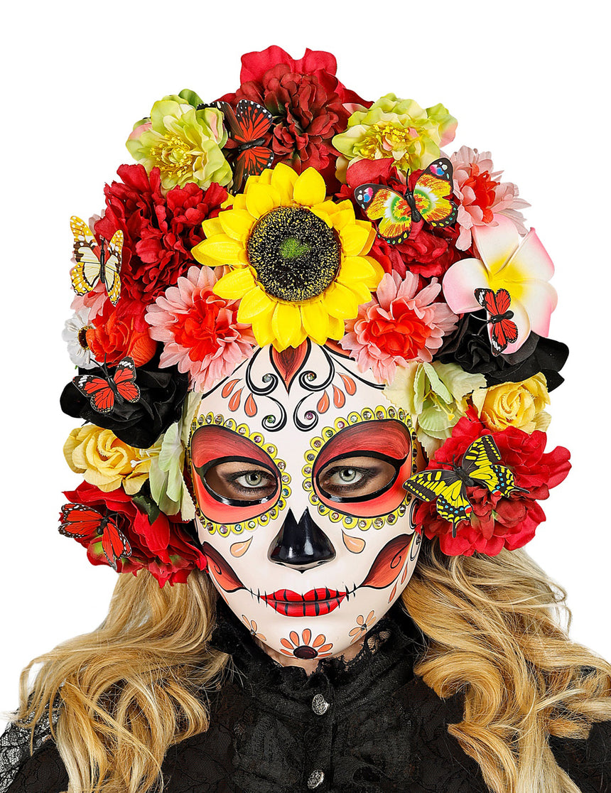 Masque dia de los muertos avec fleurs et papillons adulte